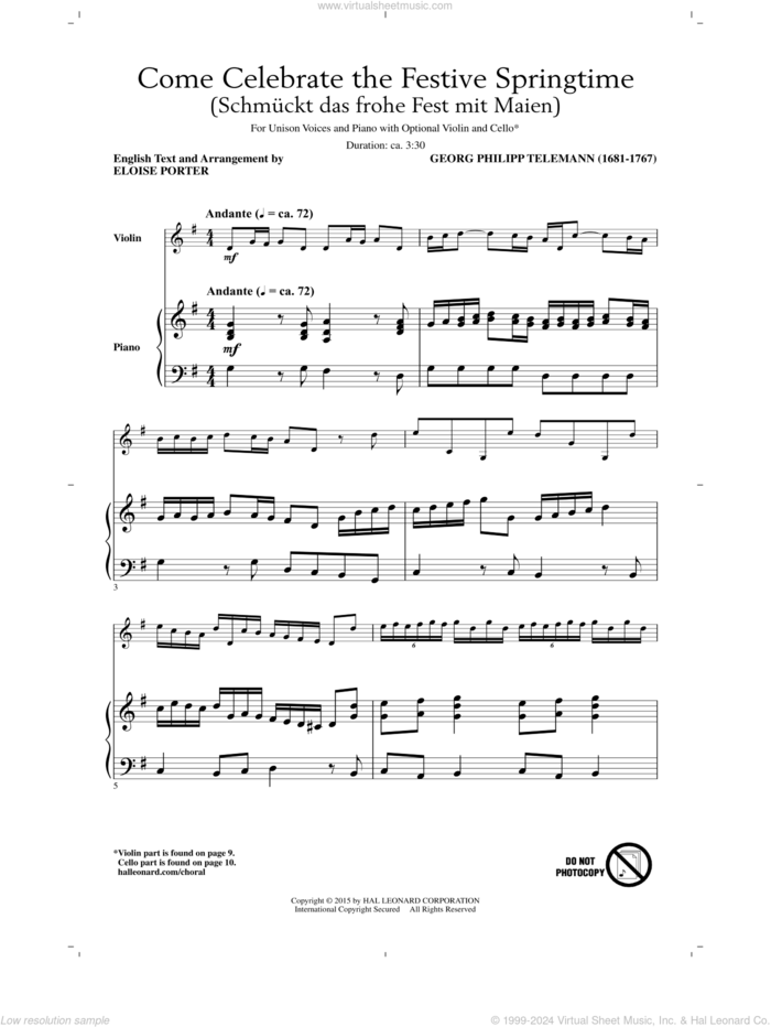 Come Celebrate The Festive Springtime (arr. Eloise Porter) sheet music for choir (Unison) by Georg Philipp Telemann and Eloise Porter, intermediate skill level