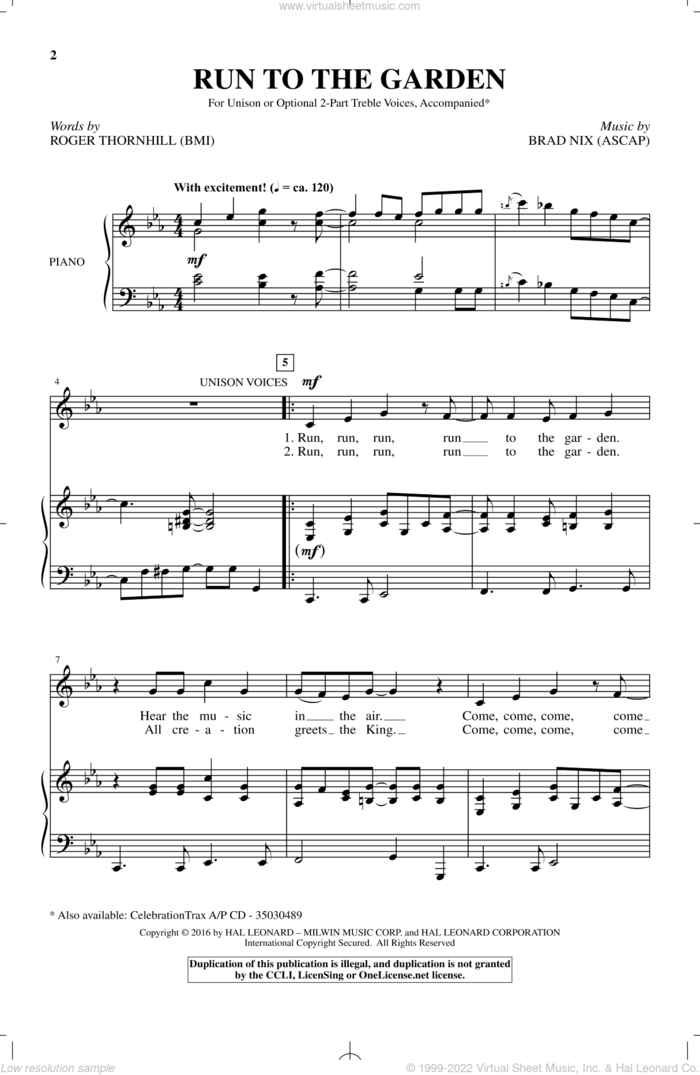 Run To The Garden sheet music for choir (2-Part) by Brad Nix and Roger Thornhill, intermediate duet