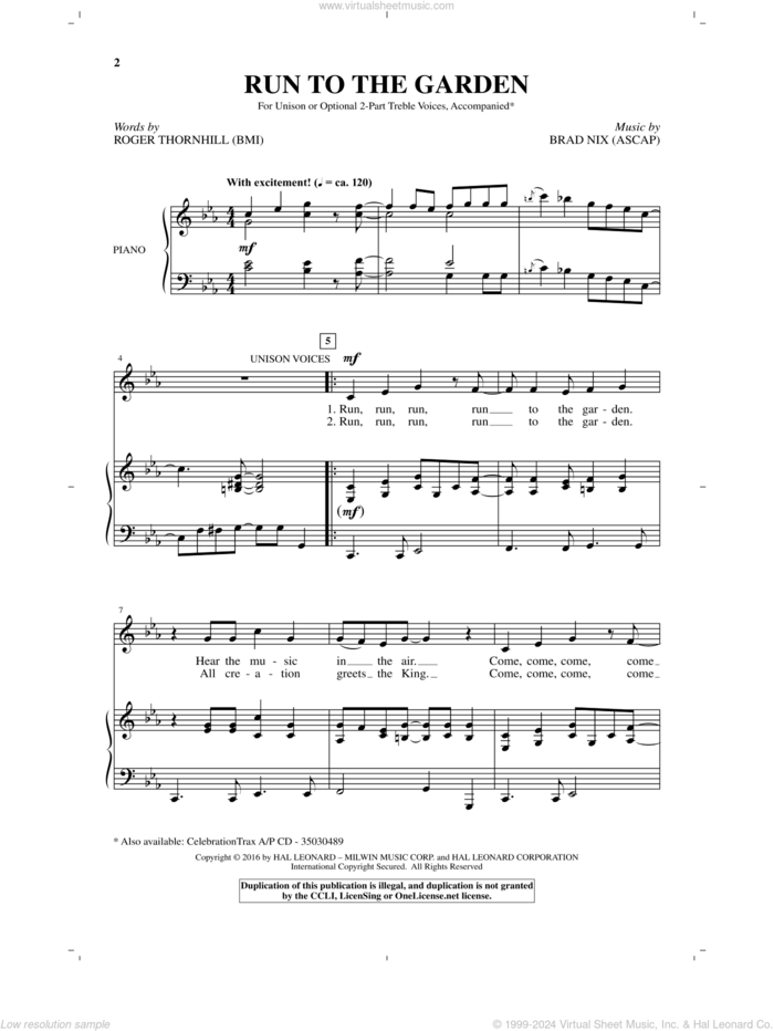 Run To The Garden sheet music for choir (2-Part) by Brad Nix and Roger Thornhill, intermediate duet