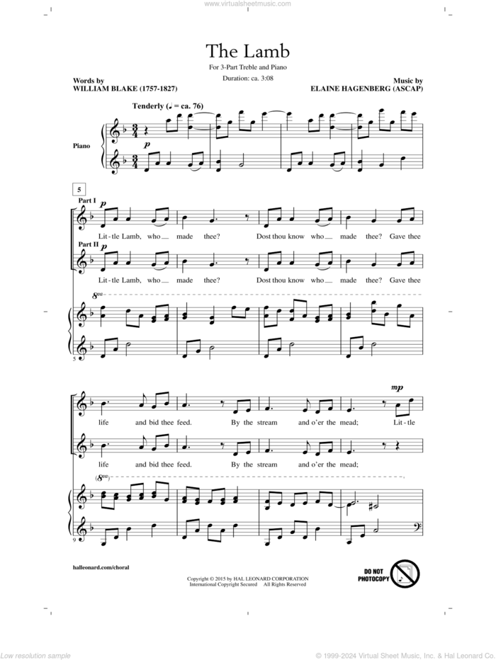 The Lamb sheet music for choir (3-Part Treble) by Elaine Hagenberg and William Blake, intermediate skill level