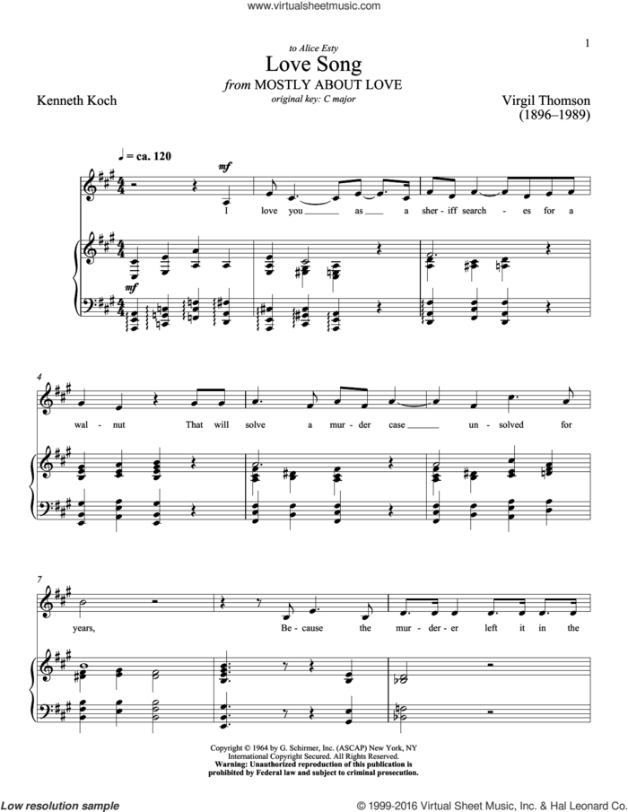 Love Song sheet music for voice and piano (Low Voice) by Kenneth Koch, Richard Walters and Virgil Thomson, classical score, intermediate skill level