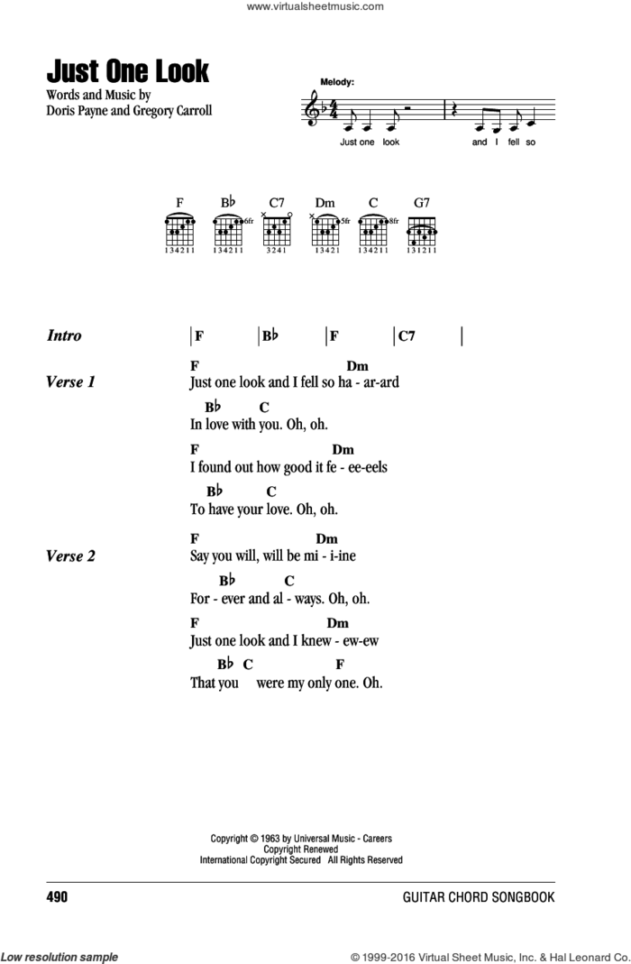 Just One Look sheet music for guitar (chords) by Linda Ronstadt, Doris Troy, Doris Payne and Gregory Carroll, intermediate skill level
