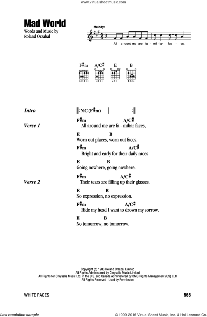 Mad World sheet music for guitar (chords) by Tears For Fears, Adam Lambert and Roland Orzabal, intermediate skill level