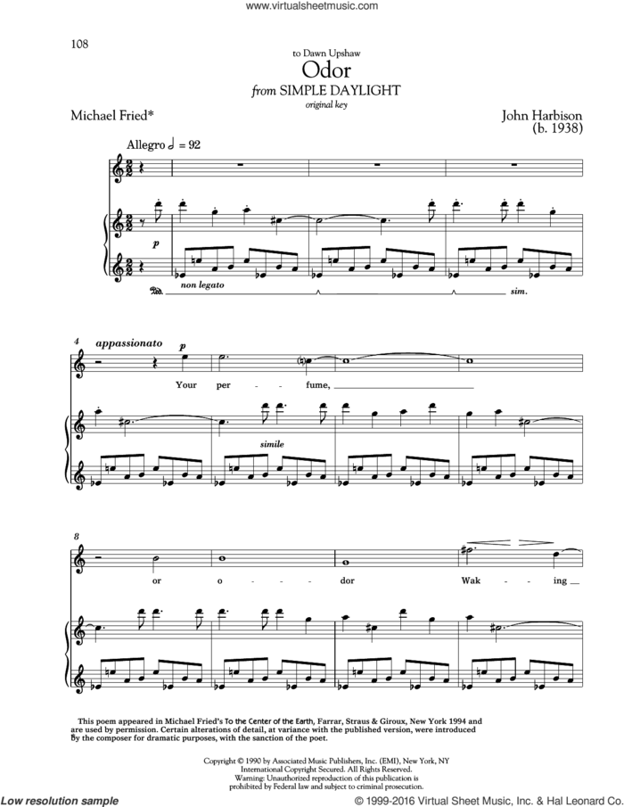 Odor sheet music for voice and piano (High Voice) by John Harbison, Richard Walters and Michael Fried, classical score, intermediate skill level