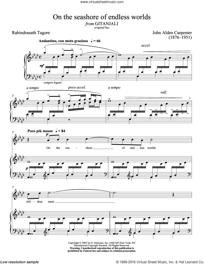On The Seashore Of Endless Worlds sheet music for voice and piano (Low Voice) by Rabindranath Tagore, Richard Walters and John Alden Carpenter, classical score, intermediate skill level