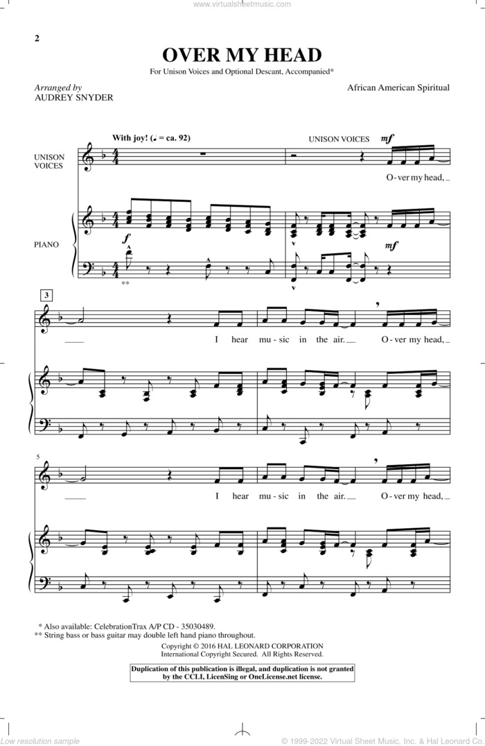 Over My Head sheet music for choir (Unison) by Audrey Snyder, intermediate skill level