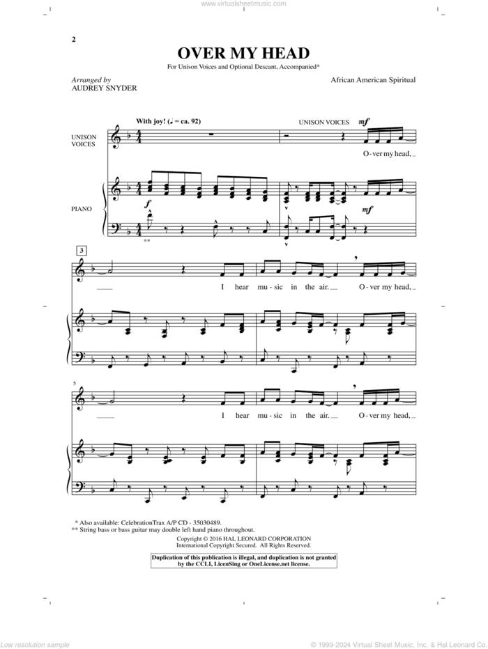 Over My Head sheet music for choir (Unison) by Audrey Snyder, intermediate skill level