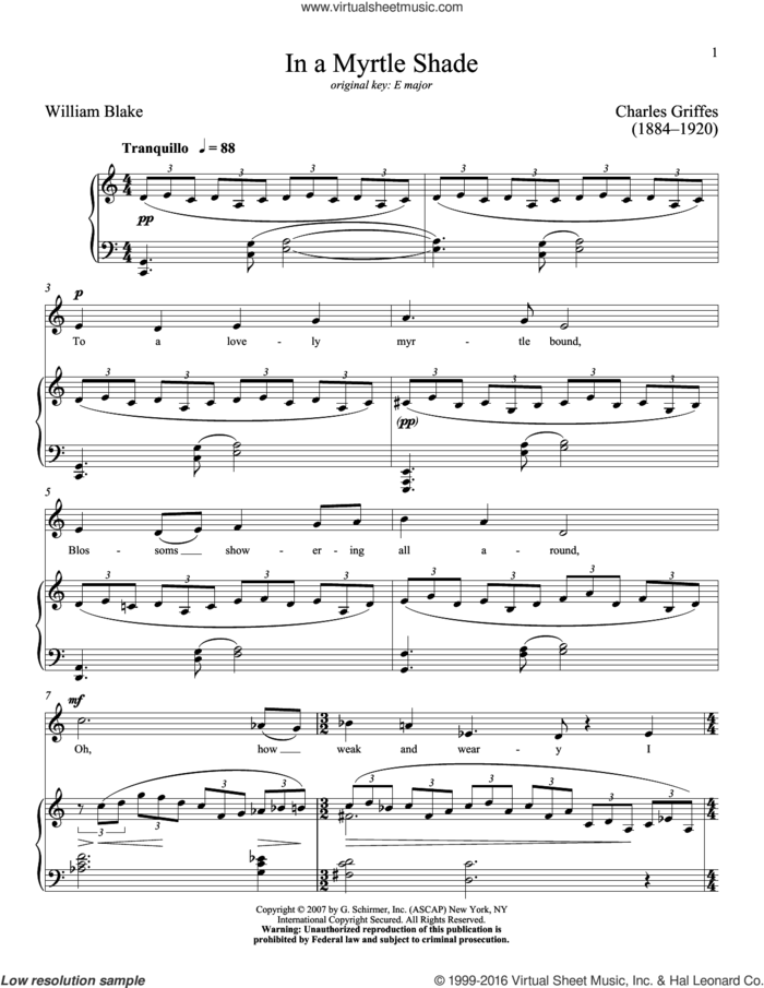 In A Myrtle Shade sheet music for voice and piano (Low Voice) by Charles Griffes, Richard Walters and William Blake, classical score, intermediate skill level