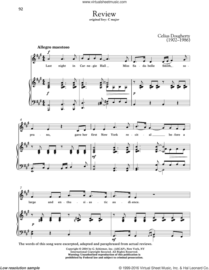 Review sheet music for voice and piano (Low Voice) by Celius Dougherty and Richard Walters, classical score, intermediate skill level
