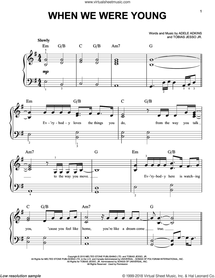 When We Were Young, (easy) sheet music for piano solo by Adele, Adele Adkins and Tobias Jesso Jr., easy skill level