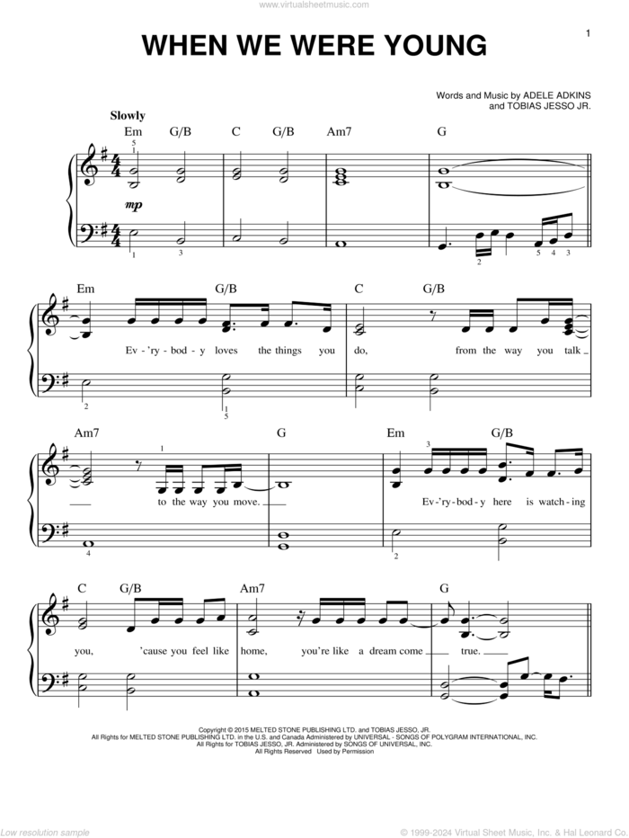 When We Were Young, (easy) sheet music for piano solo by Adele, Adele Adkins and Tobias Jesso Jr., easy skill level