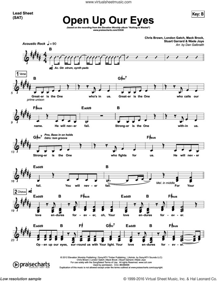 Open Up Our Eyes sheet music for voice and other instruments (fake book) by Dan Galbraith and Chris Brown / London Gatch / Mack Brock / Stu Garrard / Wade Joy, intermediate skill level
