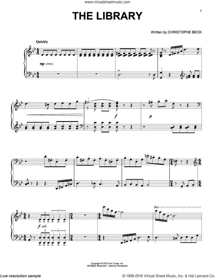 The Library sheet music for piano solo by Christophe Beck, intermediate skill level
