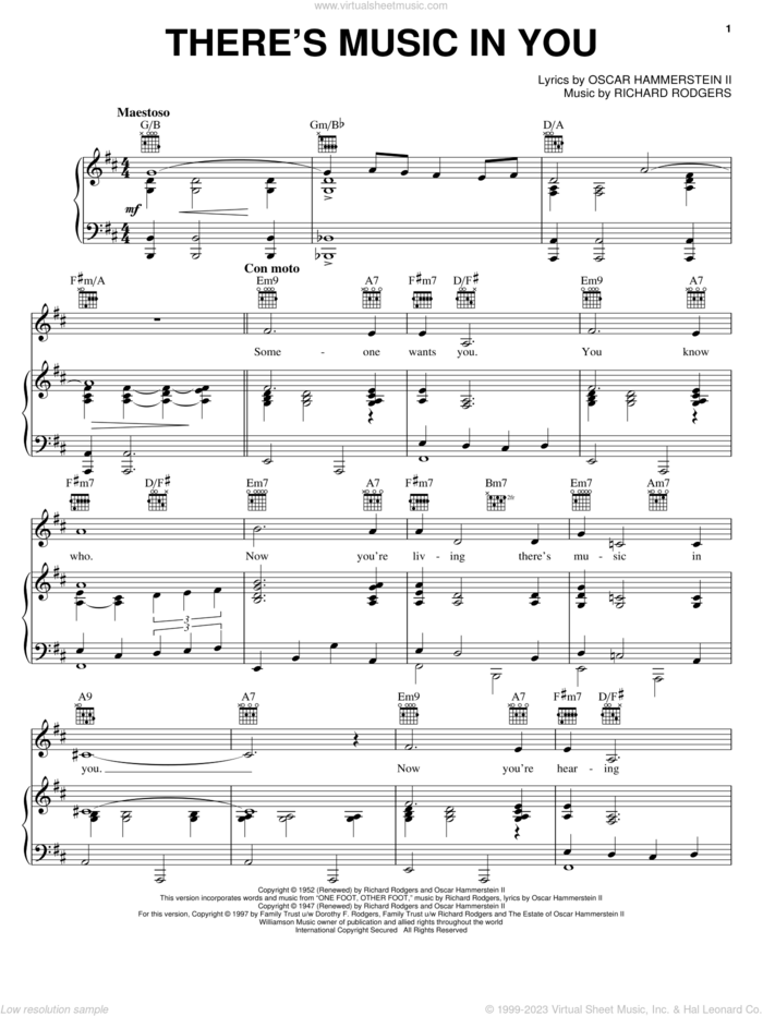There's Music In You (from Cinderella) sheet music for voice, piano or guitar by Hammerstein, Rodgers &, Cinderella (Musical), Rodgers & Hammerstein, Oscar II Hammerstein and Richard Rodgers, intermediate skill level