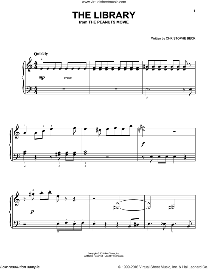 The Library sheet music for piano solo by Christophe Beck, easy skill level