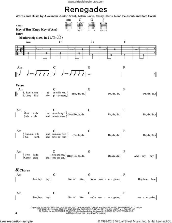 Renegades sheet music for guitar solo (lead sheet) by X Ambassadors, Adam Levin, Alexander Junior Grant, Casey Harris, Noah Feldshuh and Samuel Harris, intermediate guitar (lead sheet)