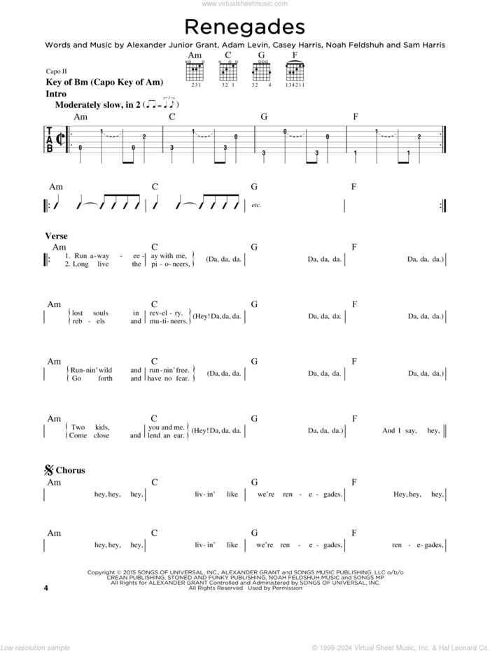 Renegades sheet music for guitar solo (lead sheet) by X Ambassadors, Adam Levin, Alexander Junior Grant, Casey Harris, Noah Feldshuh and Samuel Harris, intermediate guitar (lead sheet)