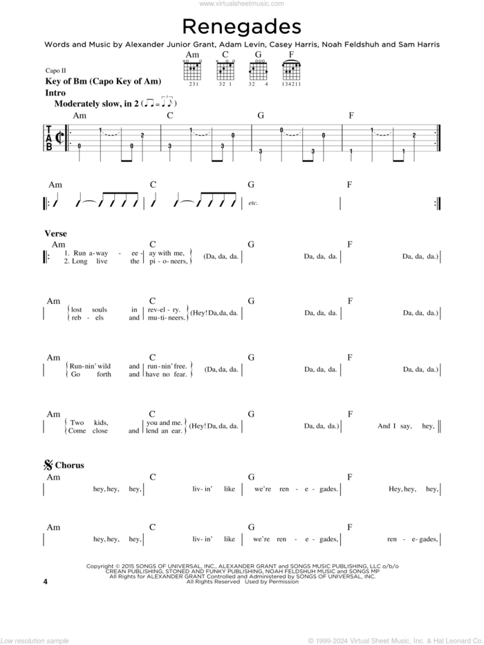 Renegades sheet music for guitar solo (lead sheet) by X Ambassadors, Adam Levin, Alexander Junior Grant, Casey Harris, Noah Feldshuh and Samuel Harris, intermediate guitar (lead sheet)