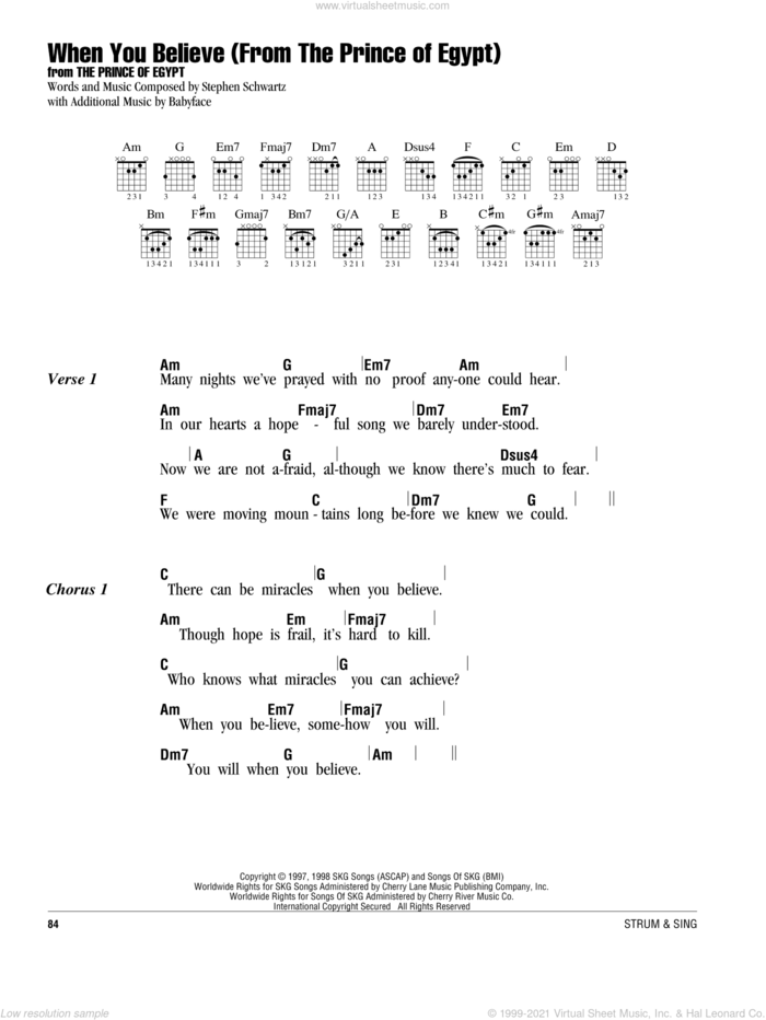 Carey When You Believe From The Prince Of Egypt Sheet Music For Guitar Chords