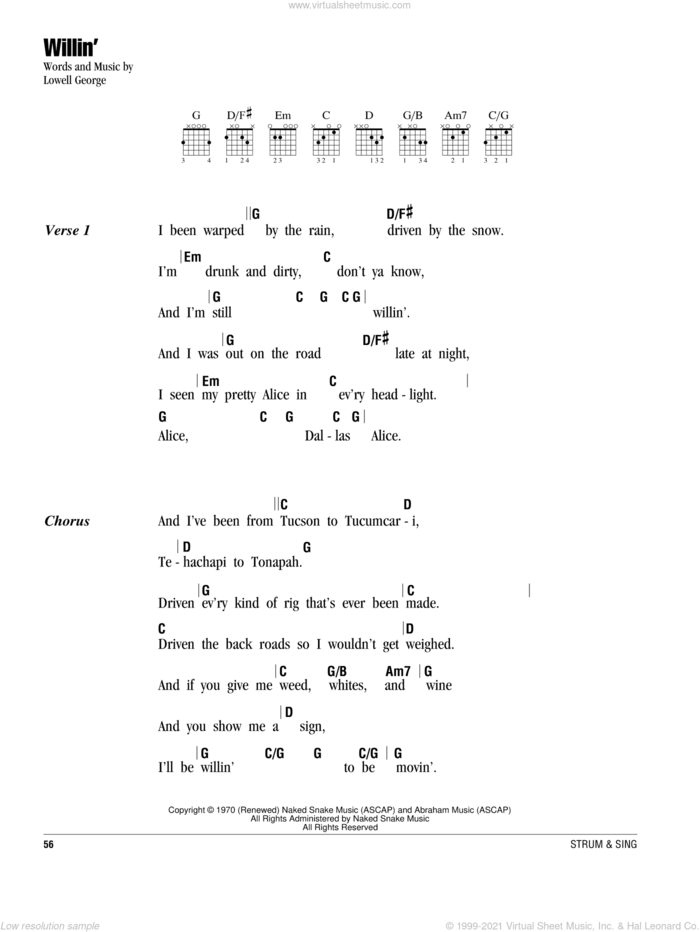 Willin' sheet music for guitar (chords) by Little Feat and Lowell George, intermediate skill level