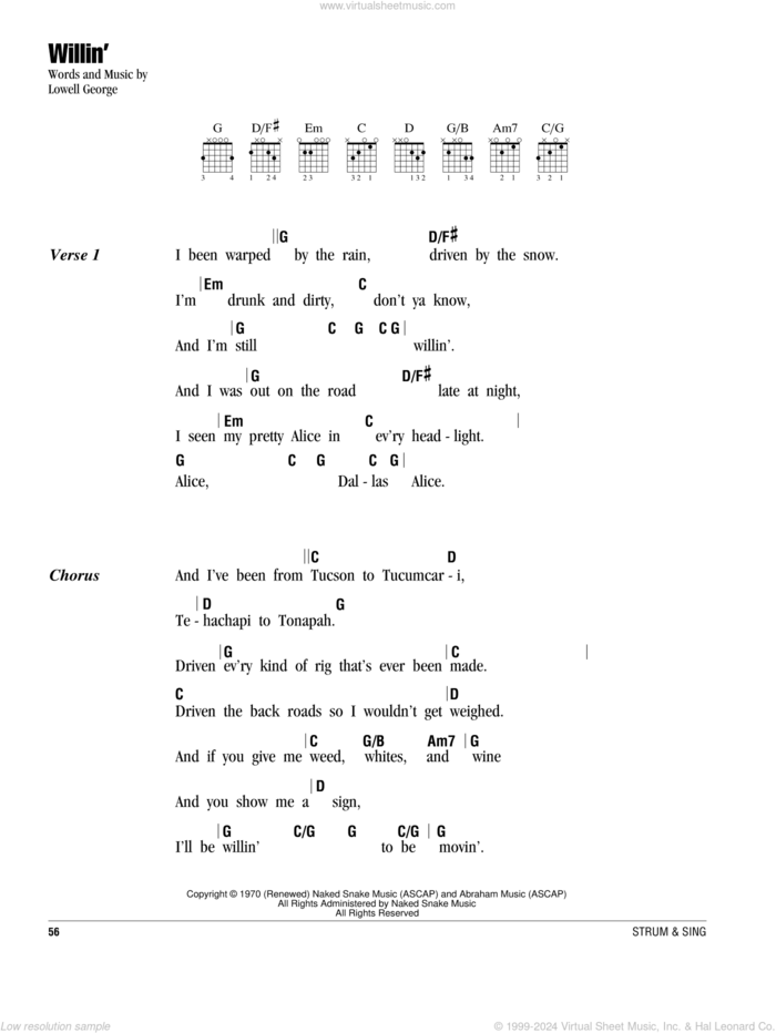 Willin' sheet music for guitar (chords) by Little Feat and Lowell George, intermediate skill level