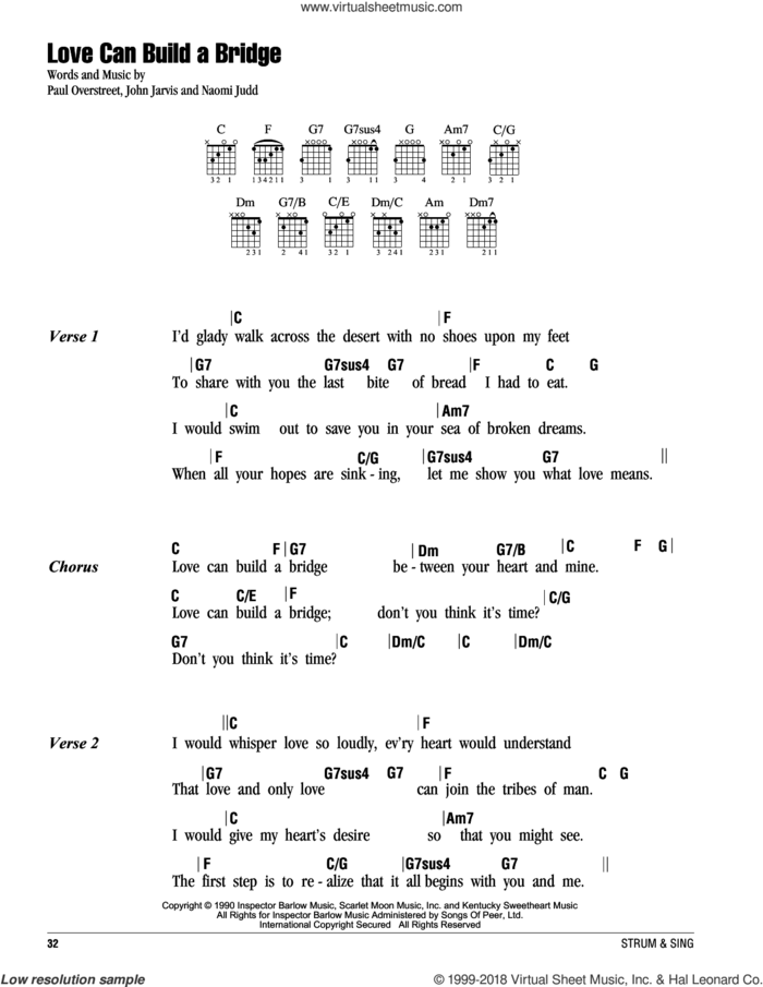 Love Can Build A Bridge sheet music for guitar (chords) by Paul Overstreet, The Judds, John Jarvis and Naomi Judd, intermediate skill level