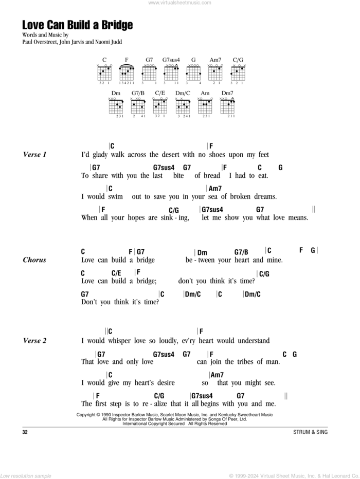 Love Can Build A Bridge sheet music for guitar (chords) by Paul Overstreet, The Judds, John Jarvis and Naomi Judd, intermediate skill level