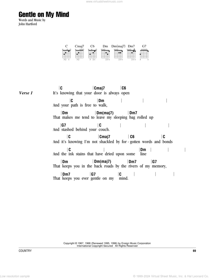 Gentle On My Mind sheet music for guitar (chords) by Glen Campbell and John Hartford, intermediate skill level