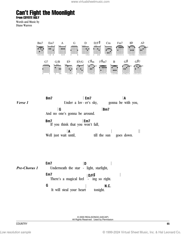 Can't Fight The Moonlight sheet music for guitar (chords) by Diane Warren, intermediate skill level