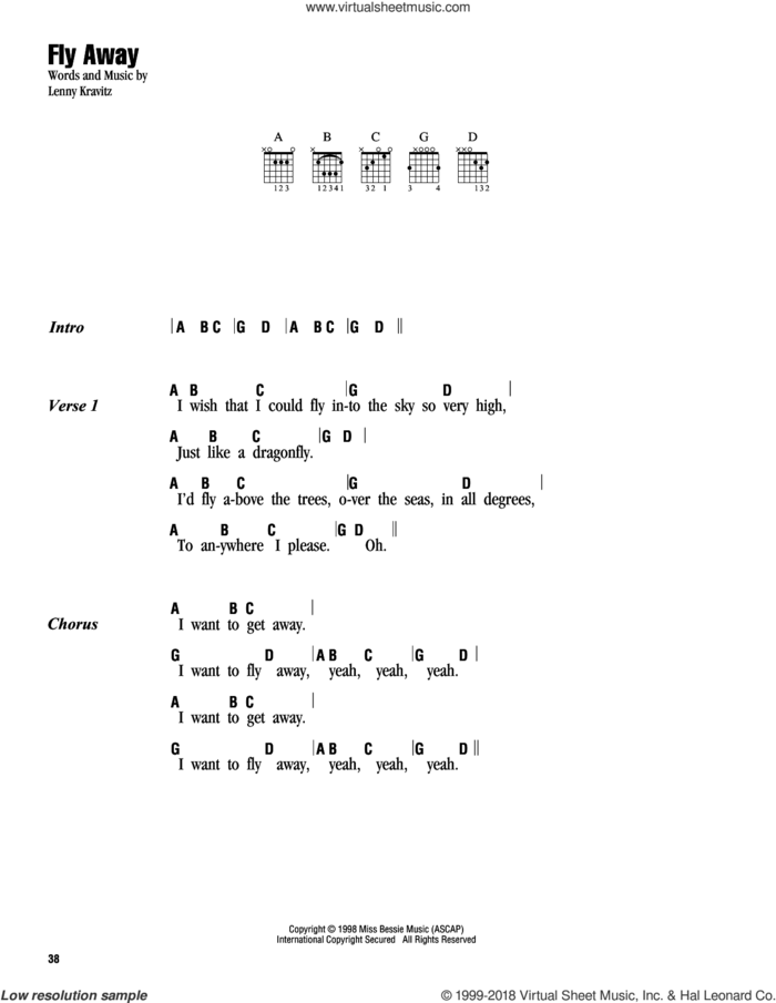 Fly Away sheet music for guitar (chords) by Lenny Kravitz, intermediate skill level