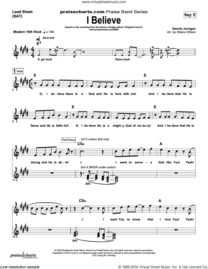 I Believe sheet music for voice and other instruments (fake book) by Brad Henderson and Dennis Jernigan, intermediate skill level