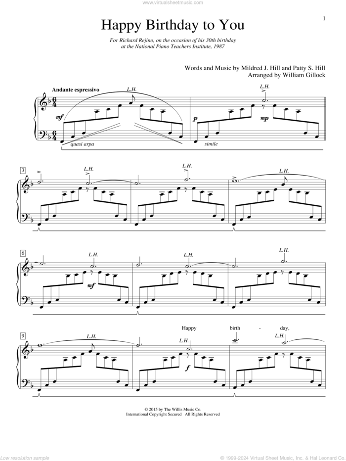Happy Birthday To You (arr. William Gillock) sheet music for piano solo (elementary) by Patty Smith Hill, William Gillock and Mildred J. Hill, beginner piano (elementary)