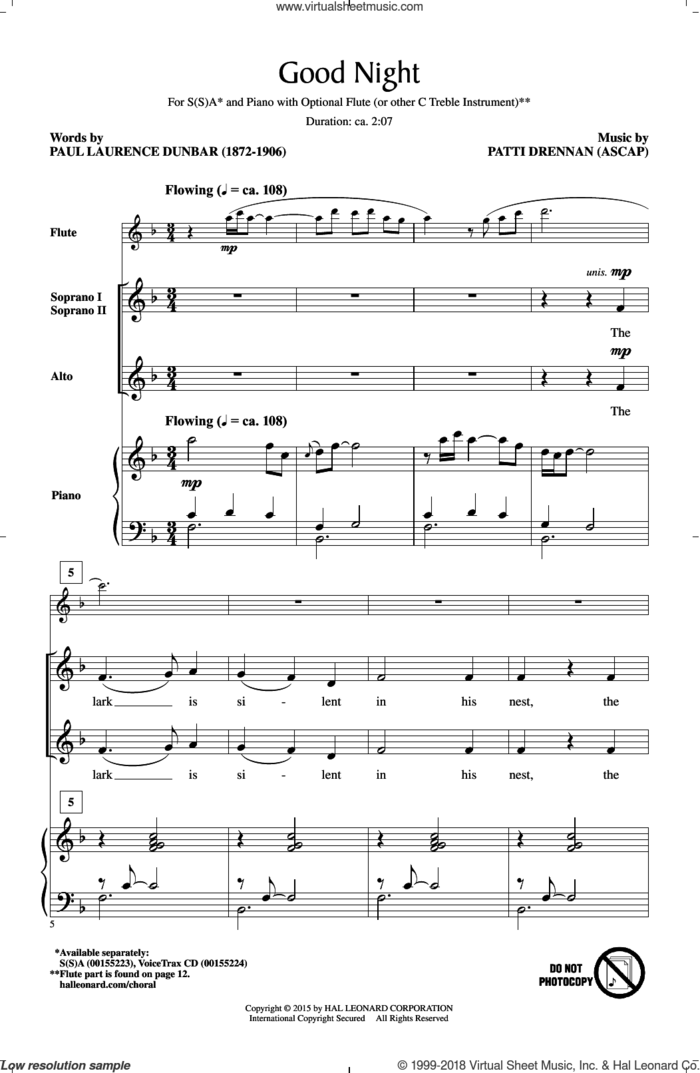 Good Night sheet music for choir (SSA: soprano, alto) by Patti Drennan, intermediate skill level