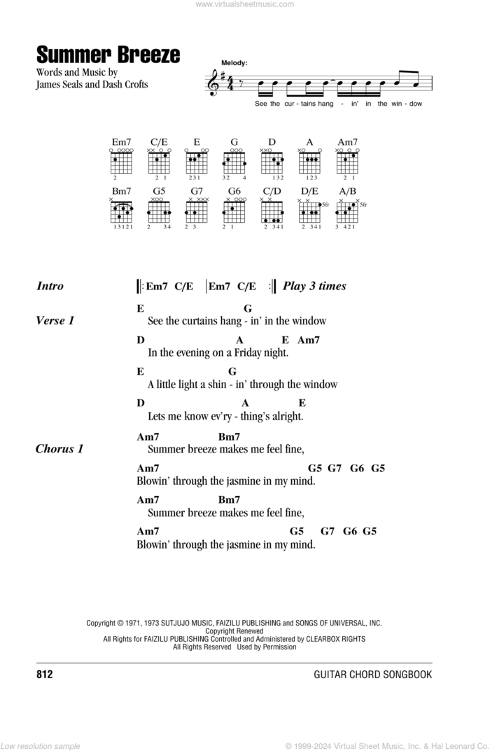 Summer Breeze sheet music for guitar (chords) by Seals & Crofts, Dash Crofts and James Seals, intermediate skill level