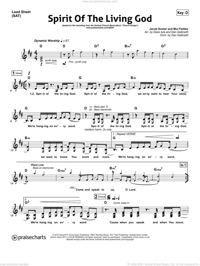 Spirit of the Living God sheet music for voice and other instruments (fake book) by Dan Galbraith / Dave Iula and Jacob Sooter/Mia Fieldes, intermediate skill level