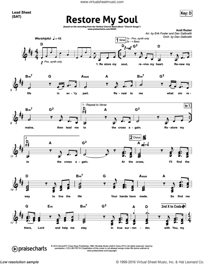 Restore My Soul sheet music for voice and other instruments (fake book) by Andi Rozier and Dan Galbraith / Erik Foster, intermediate skill level