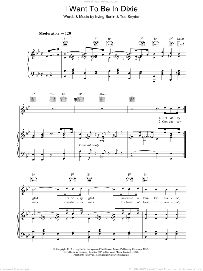 I Want To Be In Dixie sheet music for voice, piano or guitar by Irving Berlin and Ted Snyder, intermediate skill level