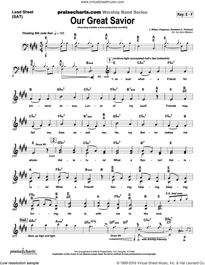 Our Great Savior sheet music for voice and other instruments (fake book) by John Wasson and John Wasson/John Chapman/Rowland Prichard, intermediate skill level