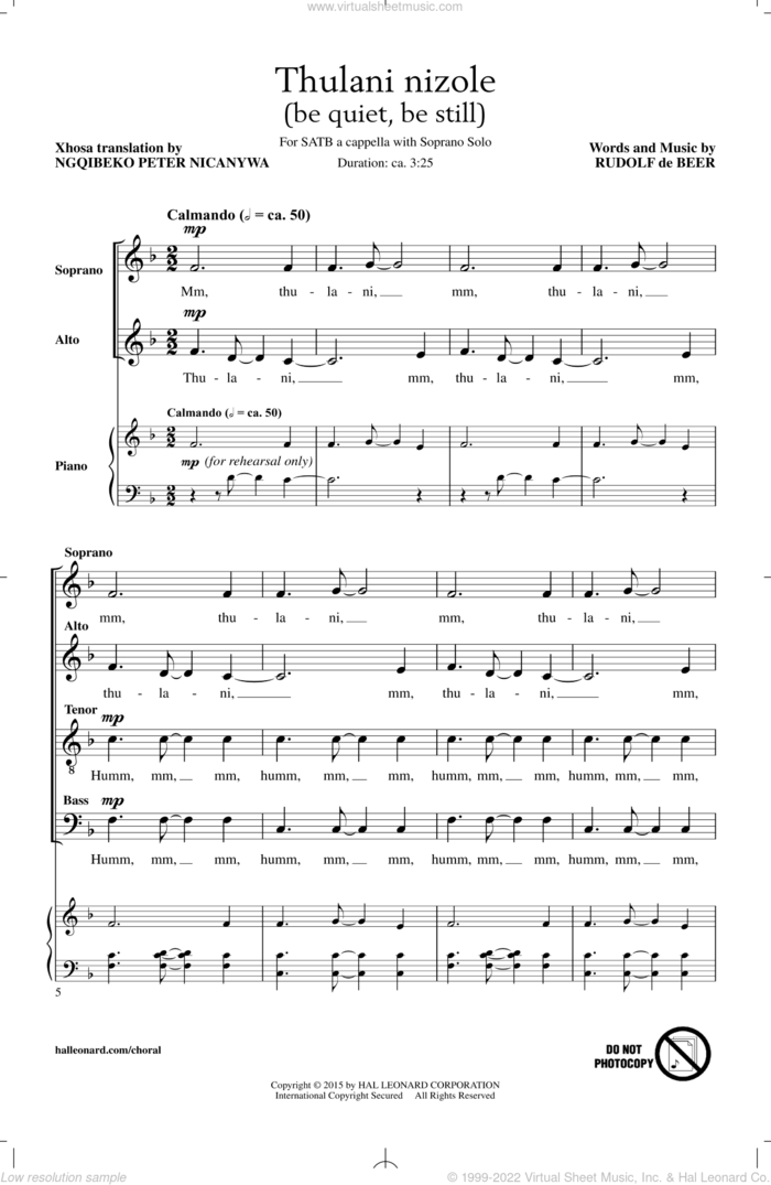 Thulani Nizole sheet music for choir (SATB: soprano, alto, tenor, bass) by Rudolf de Beer, intermediate skill level
