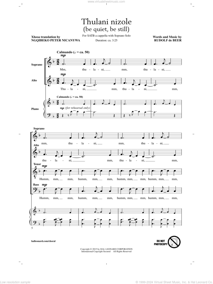 Thulani Nizole sheet music for choir (SATB: soprano, alto, tenor, bass) by Rudolf de Beer, intermediate skill level