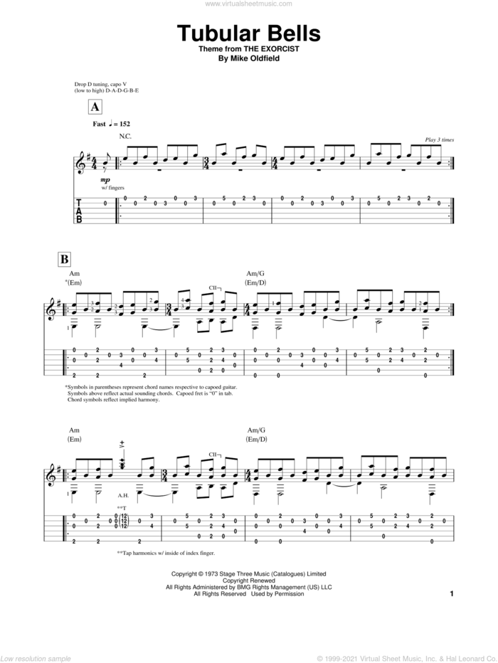 Tubular Bells sheet music for guitar solo by Mike Oldfield, intermediate skill level