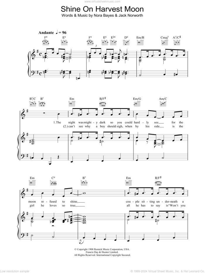 Shine On Harvest Moon sheet music for voice, piano or guitar by Nora Bayes and Jack Norworth, intermediate skill level