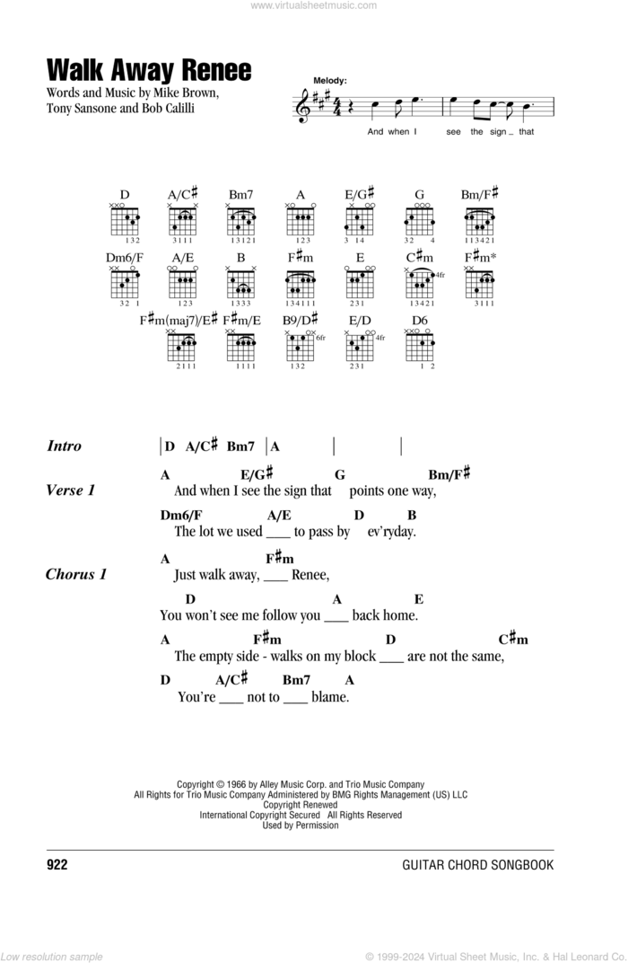 Walk Away Renee sheet music for guitar (chords) by The Four Tops, The Left Banke, Bob Calilli, Mike Brown and Tony Sansone, intermediate skill level