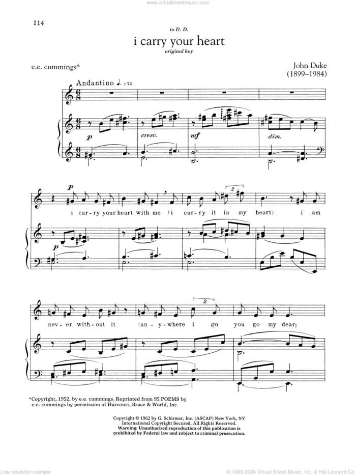 I Carry Your Heart sheet music for voice and piano (High Voice) by E.E. Cummings and John Duke, classical score, intermediate skill level