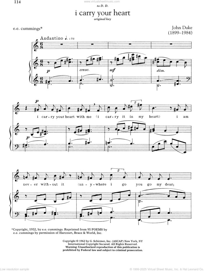 I Carry Your Heart sheet music for voice and piano (High Voice) by E.E. Cummings and John Duke, classical score, intermediate skill level