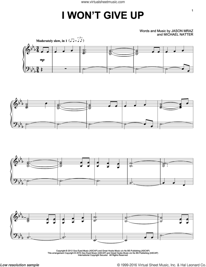 I Won't Give Up (arr. Jason Lyle Black) sheet music for piano solo by Jason Mraz and Michael Natter, wedding score, intermediate skill level