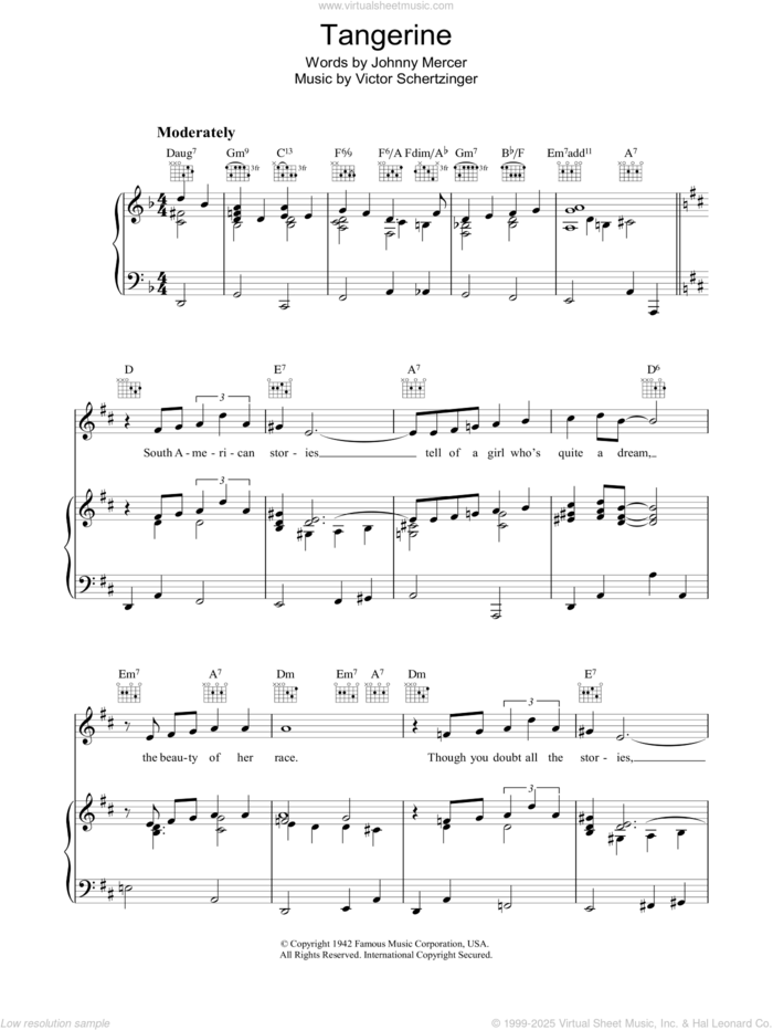 Tangerine sheet music for voice, piano or guitar by Johnny Mercer and Victor Schertzinger, intermediate skill level