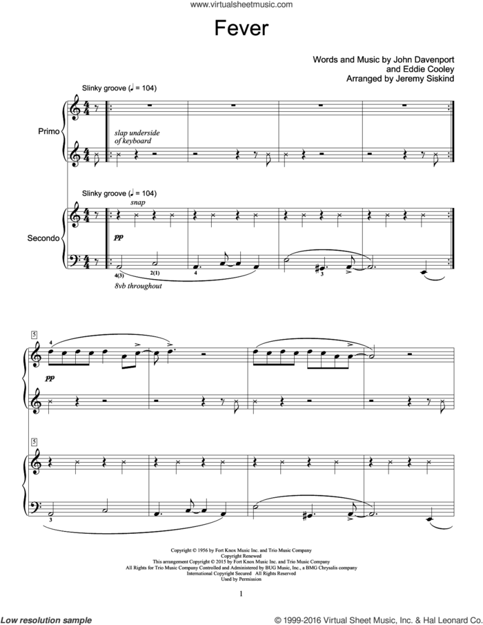 Fever sheet music for piano four hands by Peggy Lee, Eddie Cooley and John Davenport, intermediate skill level