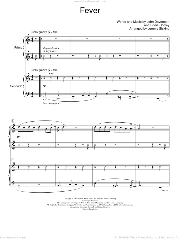 Fever sheet music for piano four hands by Peggy Lee, Eddie Cooley and John Davenport, intermediate skill level