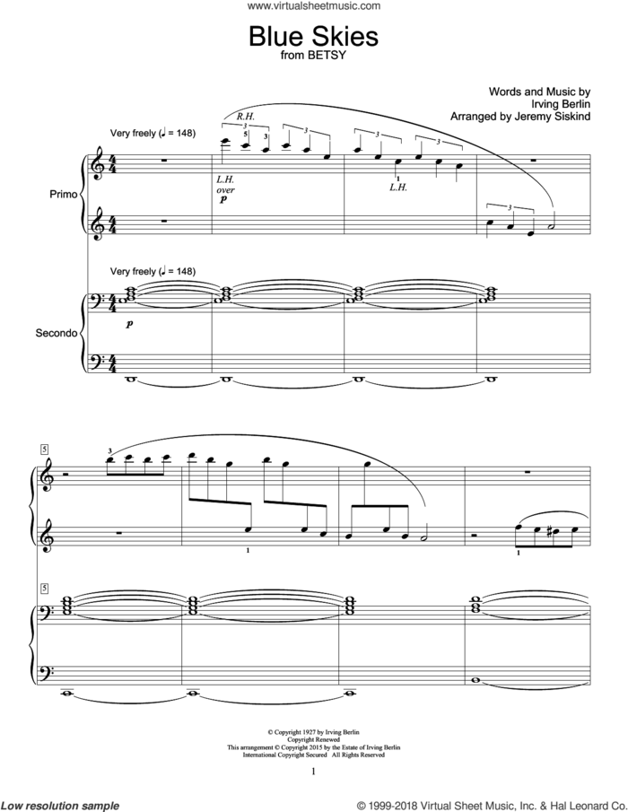 Blue Skies sheet music for piano four hands by Irving Berlin and Willie Nelson, intermediate skill level